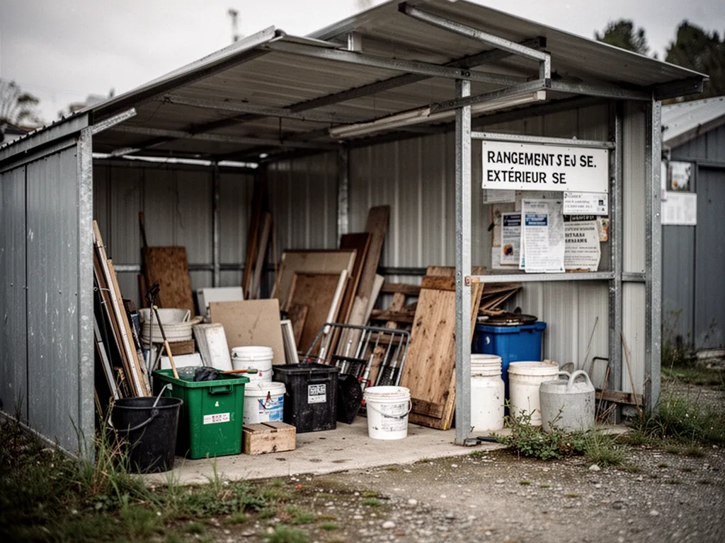 Abri de jardin en bois avec porte coulissante entrouverte, outils rangés à l'intérieur, terrasse en premier plan