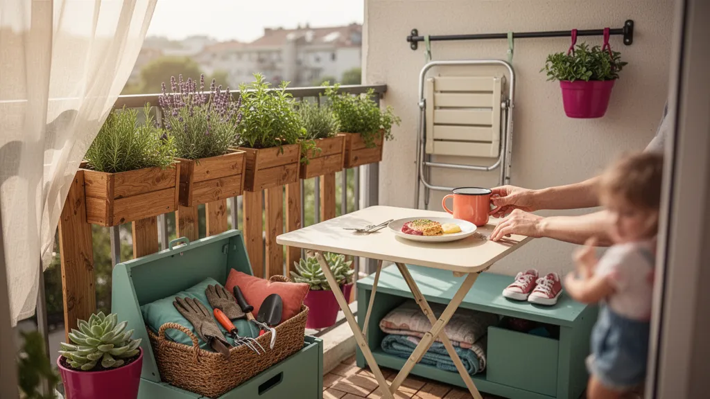 Petit balcon d'appartement aménagé avec une table pliante, jardinières et coussins colorés