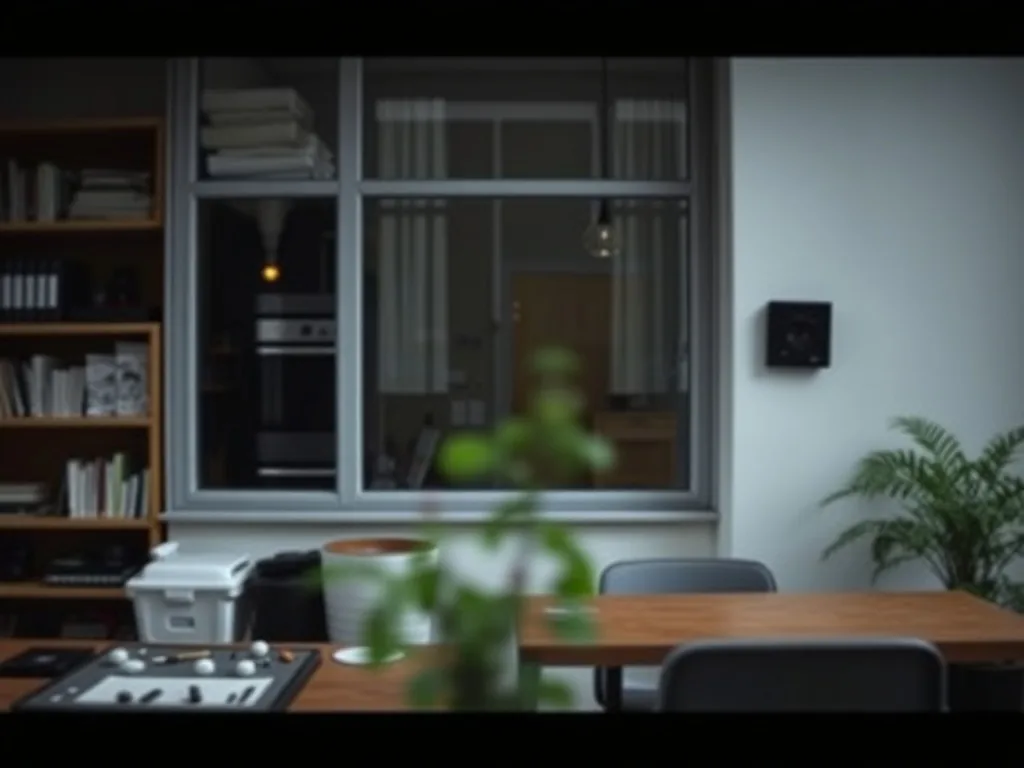 Coin bureau aménagé dans un salon lumineux avec étagères murales, plante verte et chaise ergonomique