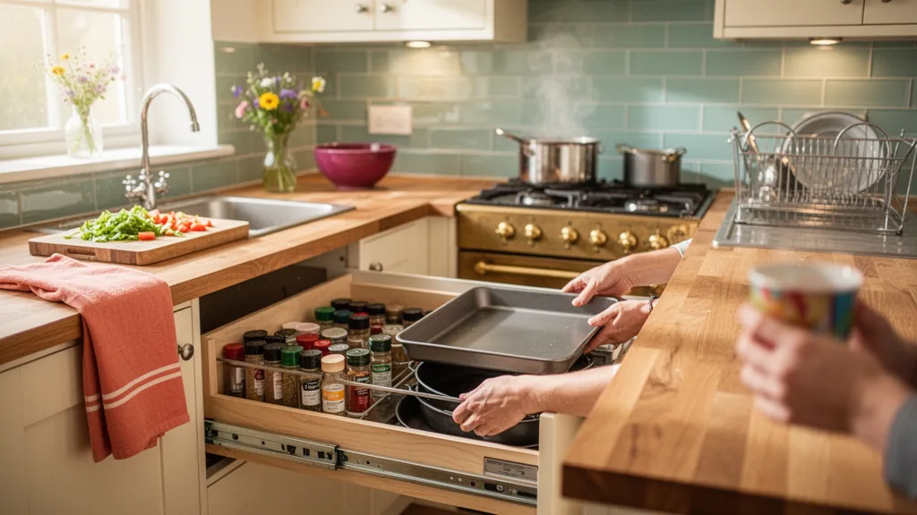 Plan de cuisine vue du dessus, zones de préparation et rangements identifiés