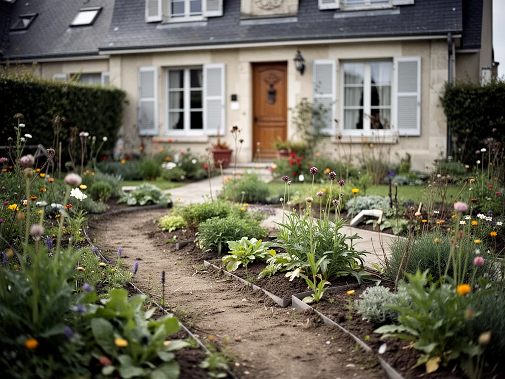 Jardin de façade devant une maison avec allée en gravier, massifs de plantes et arbustes