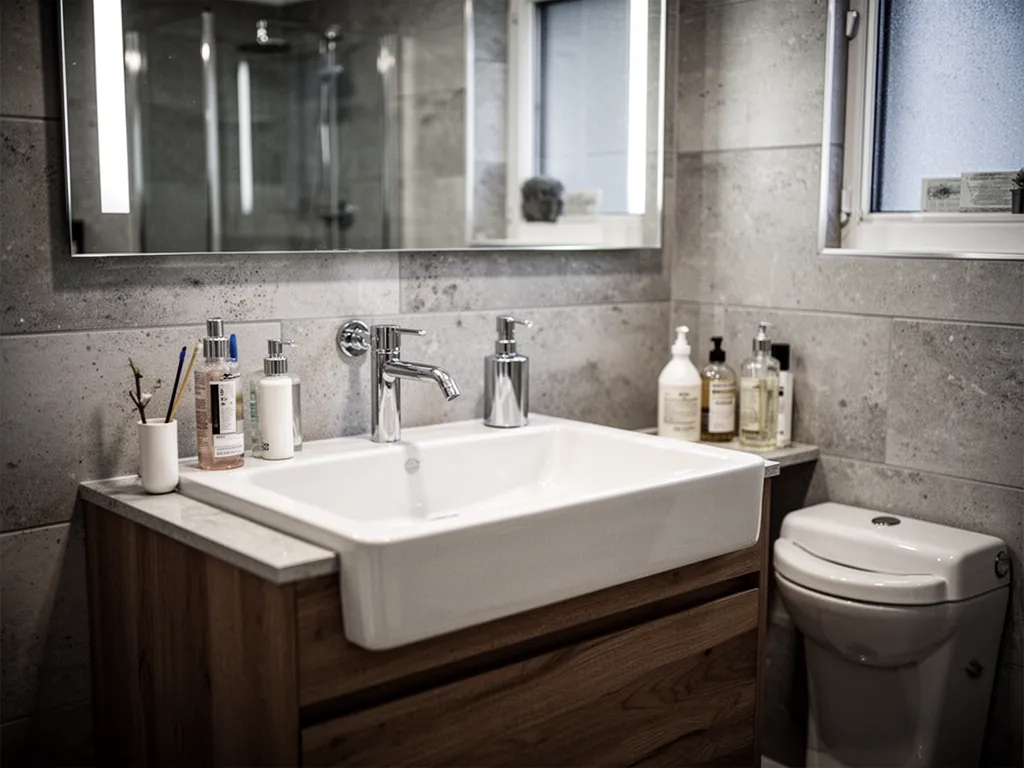 Petite salle d'eau moderne avec douche à l'italienne, meuble vasque compact et miroir éclairé