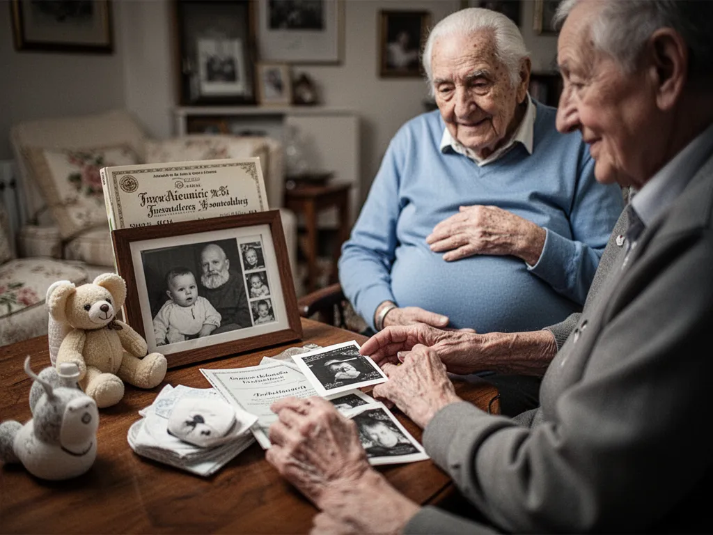 Couple tendant une petite boîte cadeau à de futurs grands-parents émus dans un salon lumineux