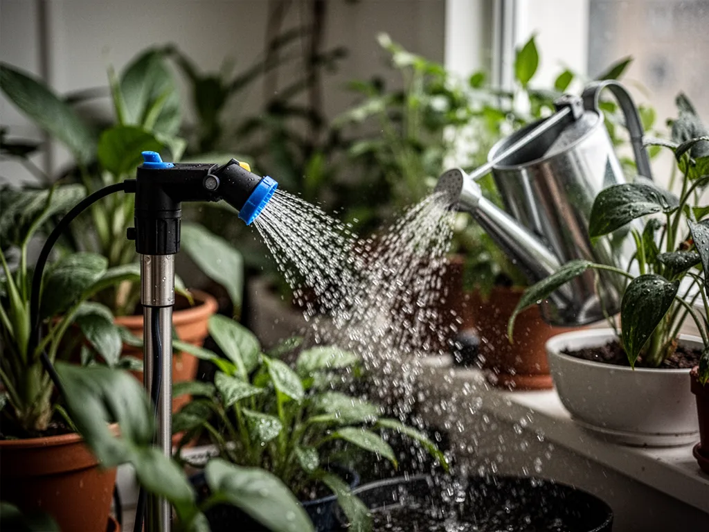 Système d'arrosage automatique avec tuyaux fins et goutteurs insérés dans des pots de plantes vertes d'intérieur, posés sur une étagère en bois
