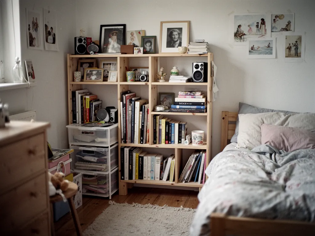 Petite chambre lumineuse avec lit coffre, étagères murales et paniers de rangement sous une fenêtre