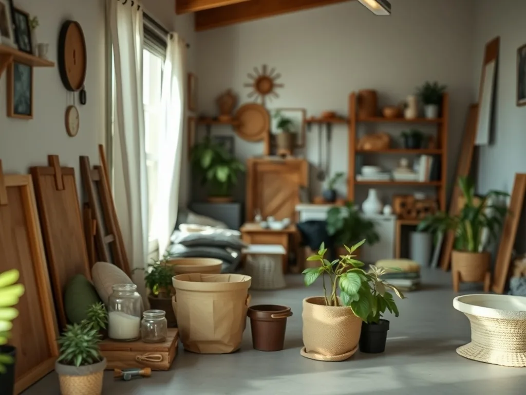 Mains qui poncent un morceau de bois, entourées de petits pots de peinture acrylique colorés, d’une paire de ciseaux et d’un rouleau de masking tape