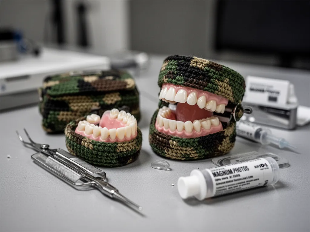 Gros plan sur une prothèse dentaire partielle avec crochets discrets posée près d'un miroir