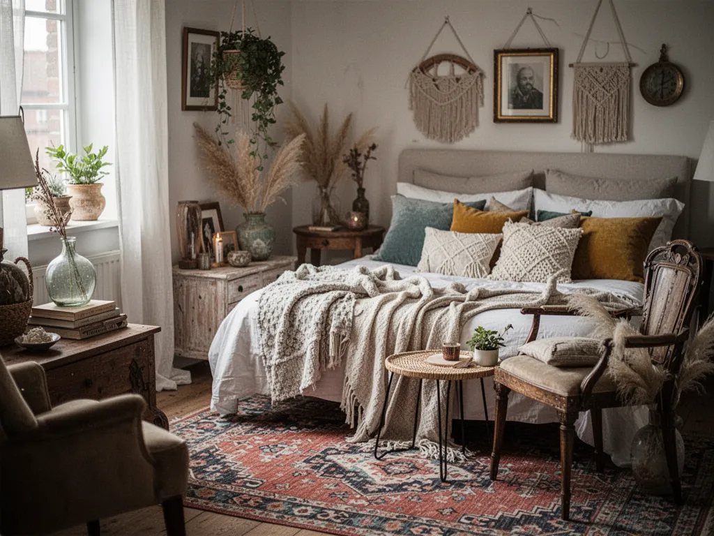 Chambre baignée de lumière avec un lit en rotin, des coussins en lin froissé et un mur en enduit texturé beige rosé, des plantes vertes tombantes et un tapis berbère.