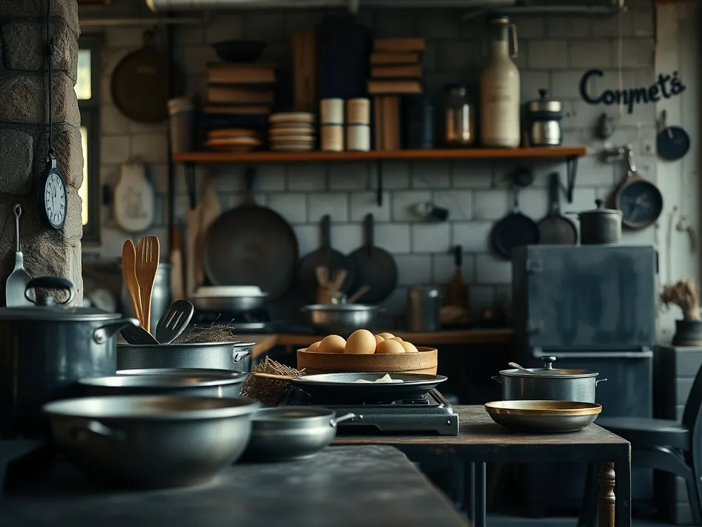 Cuisine au style industriel vintage avec îlot central en bois brut et suspensions métal noir