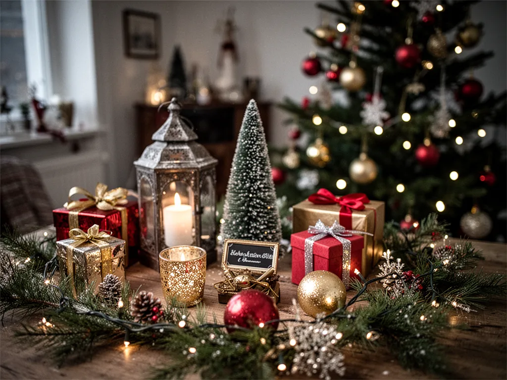 Bureau lumineux aux teintes chaudes avec un sapin décoré de boules dorées, guirlandes végétales suspendues et lumière tamisée, invitant à une ambiance de travail conviviale