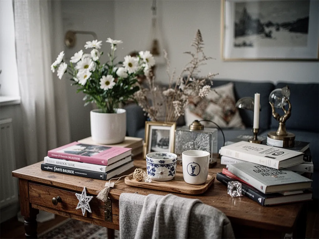 Salon aménagé simplement avec plantes, coussins récupérés et éclairage chaleureux