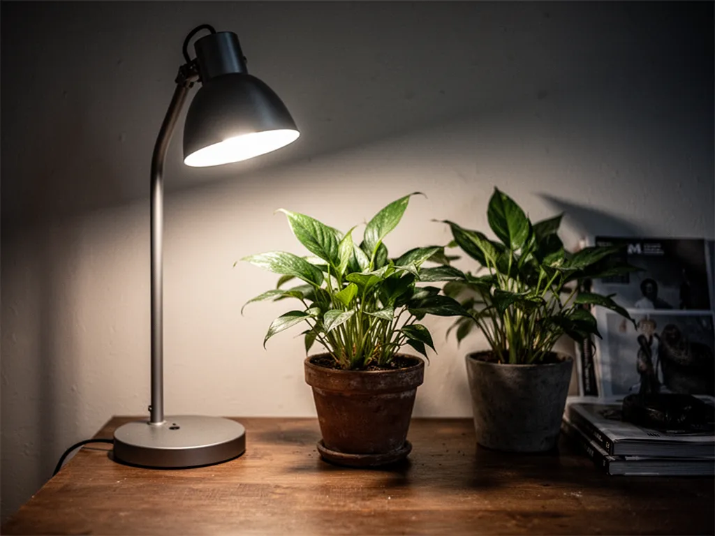 Plantes d’intérieur posées près d’une fenêtre avec une lampe LED horticole allumée au-dessus du feuillage