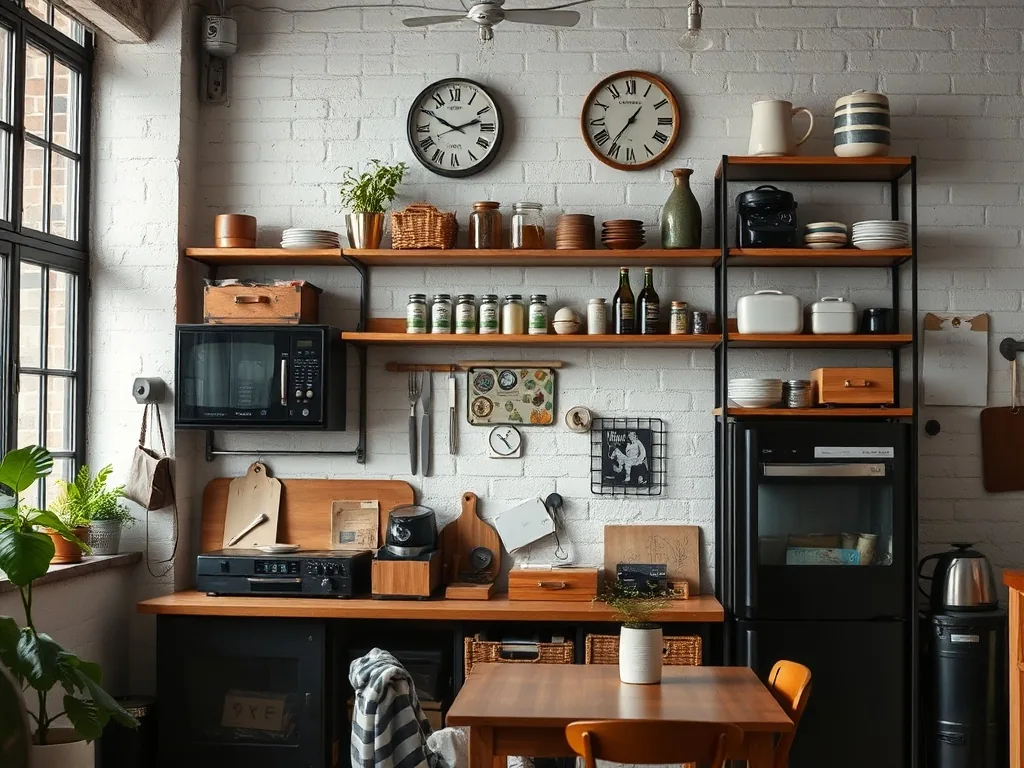 Étagère murale style industriel en bois et métal noir, fixée au-dessus d'un canapé, avec plantes et livres