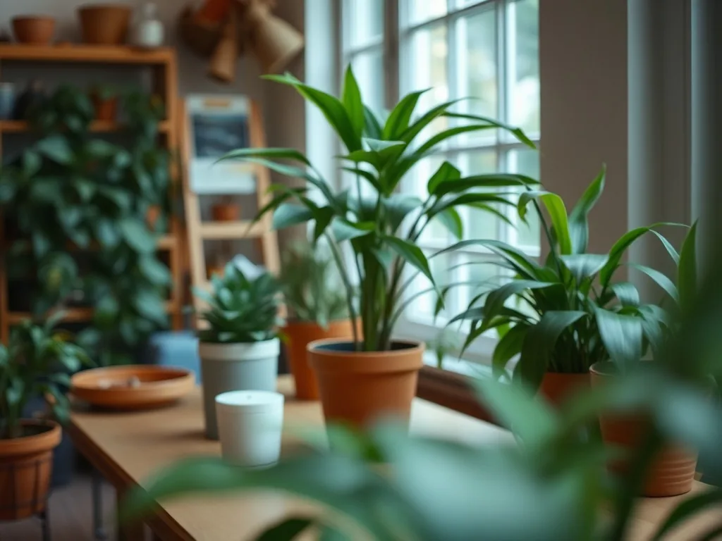 Un salon lumineux avec un grand ficus lyrata dans un pot en terre cuite, à côté d'un canapé et d'un tapis en laine