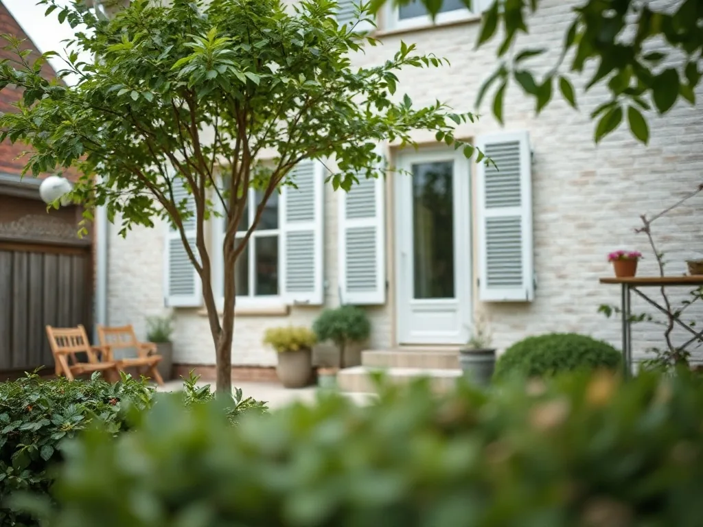 Parterre de maison contemporain avec graminées, lavandes et galets blancs, bordure en acier corten