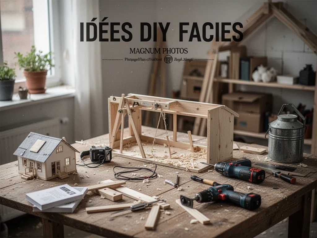 Établi avec chutes de contreplaqué, cutter de précision, règle en métal et petits objets en bois personnalisés en cours d'assemblage