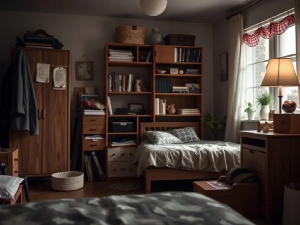 Chambre d'ado lumineuse avec un lit mezzanine, un bureau minimaliste et des guirlandes lumineuses