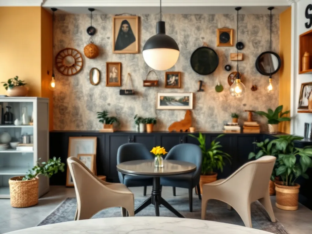 Mur de salon décoré avec un miroir en osier, des cadres dépareillés et une étagère en bois brut