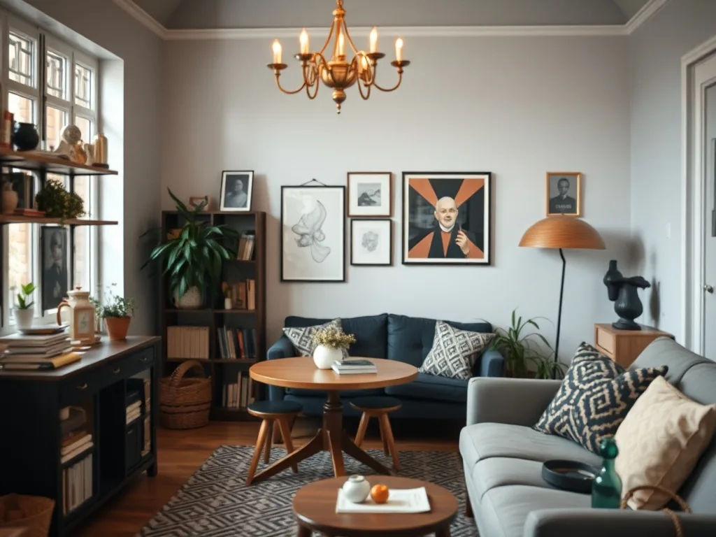 Petit salon chaleureux avec canapé en velours rouille, tapis berbère et plantes vertes, lumière naturelle tamisée par des rideaux en lin
