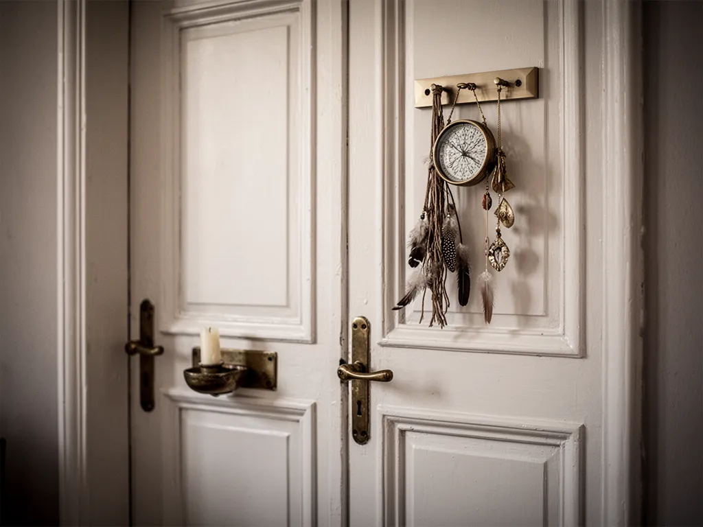 Porte intérieure repeinte en vert profond, équipée d'un organiseur textile et d'une étagère fine