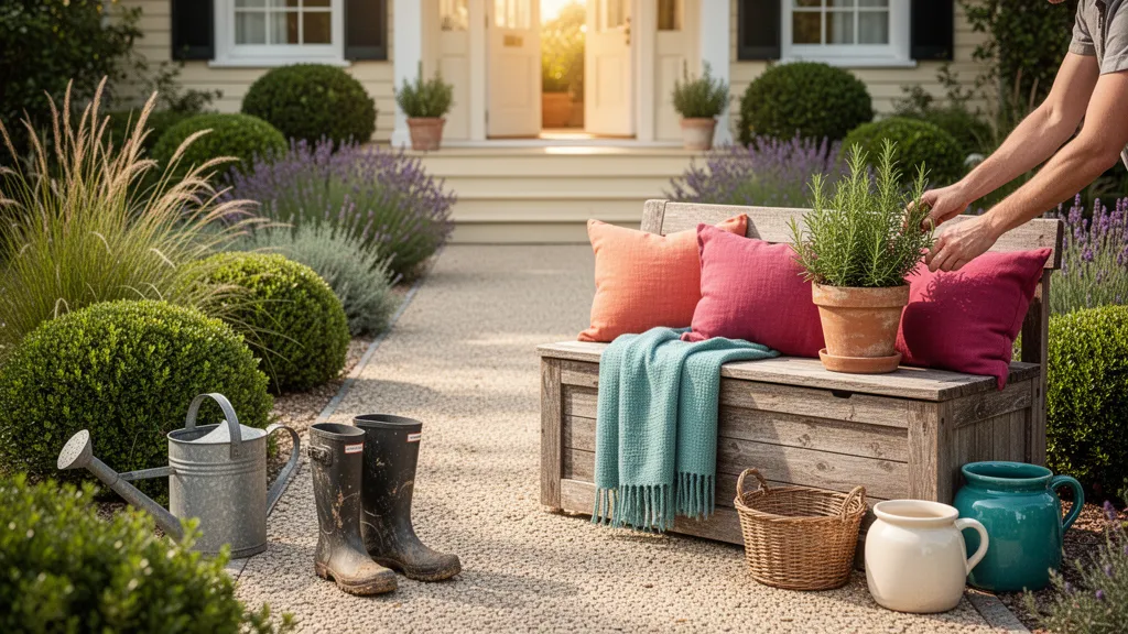 Petit jardin avant de maison avec allée gravillonnée, plantes basses et banc