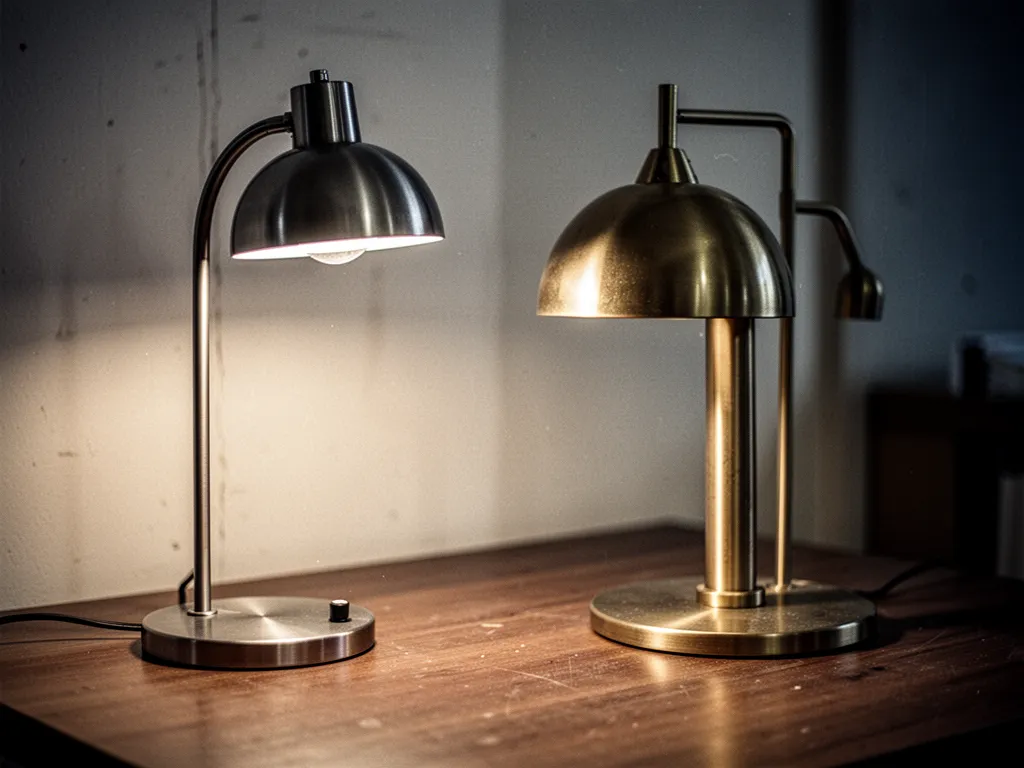 Lampe à poser design moderne avec pied en métal noir et abat-jour en verre fumé, posée sur une console en bois clair