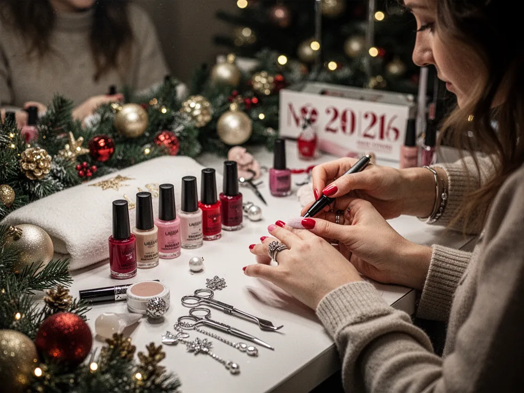 Mains avec ongles rouges et dorés, décorés de paillettes et de flocons sur fond festif