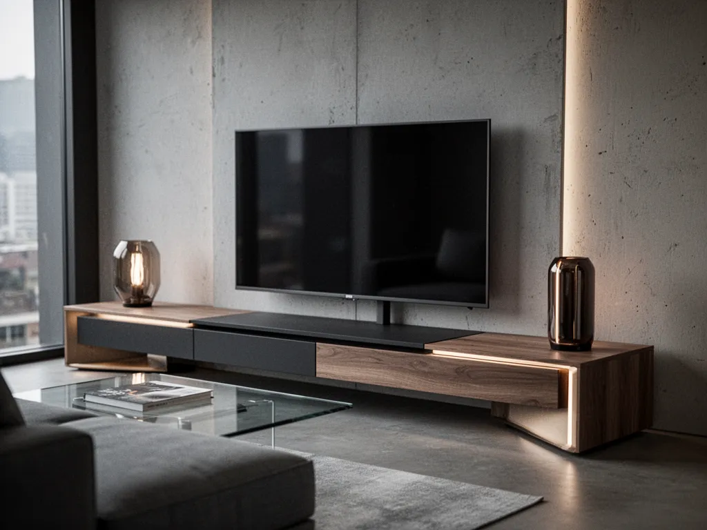Meuble TV en chêne clair aux lignes épurées, posé sur des pieds métal noir, avec un écran large et quelques objets déco