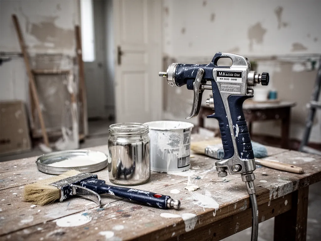 Une personne applique de la peinture blanche au pistolet sur un mur intérieur protégé par des bâches