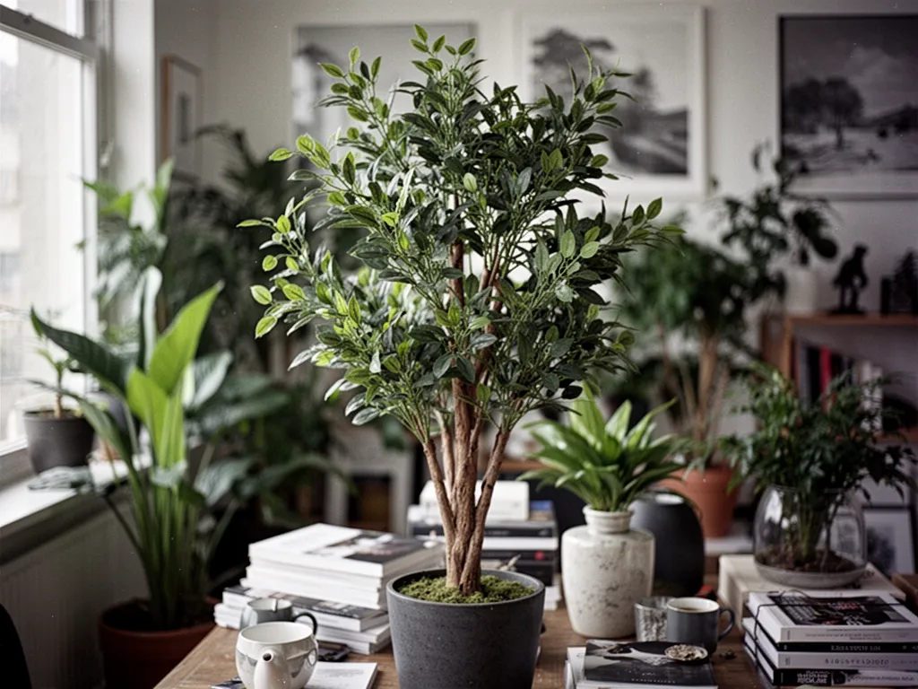 Plante artificielle au feuillage dense posée dans un pot en céramique mat, près d'une fenêtre lumineuse