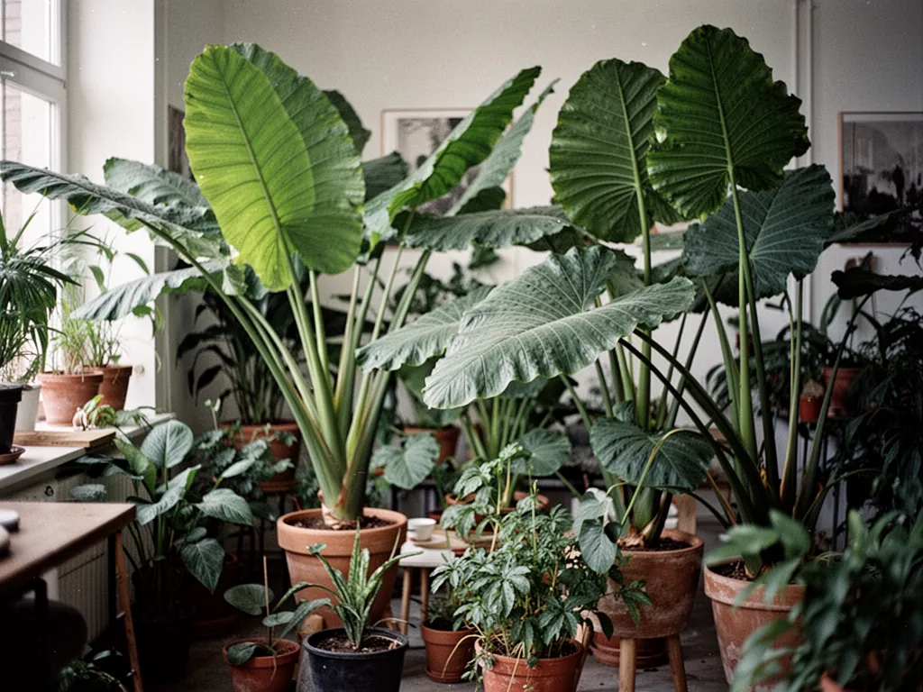 Un salon lumineux avec un canapé beige, un Monstera aux feuilles immenses et découpées, un Strelitzia dans un pot en terre cuite, et un tapis en laine.