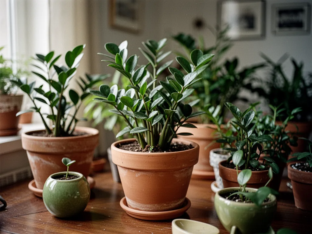 Pilea peperomioides aux feuilles rondes posé sur une table en bois clair, à côté d'un arbre de jade en pot en terre cuite et d'un petit bambou torsadé dans un vase en verre.