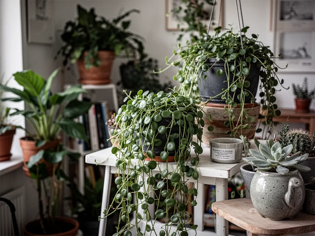 Plantes d’intérieur retombantes en suspension devant une fenêtre lumineuse