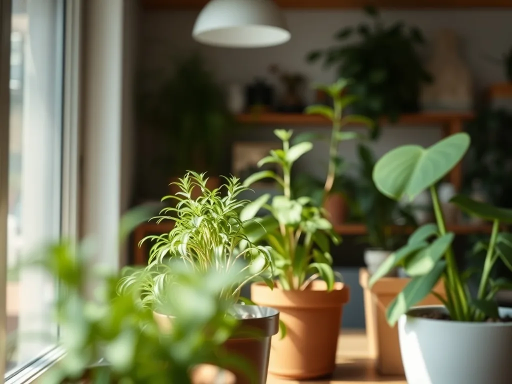 Un salon peu éclairé avec plusieurs plantes vertes posées sur une étagère et un meuble, survivant avec un minimum de lumière naturelle