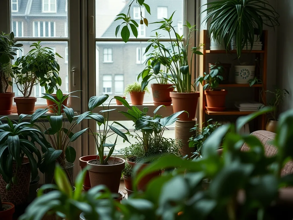 Ensemble de plantes d'intérieur faciles d'entretien disposées sur un rebord de fenêtre lumineux, dont un pilea et une sansevieria