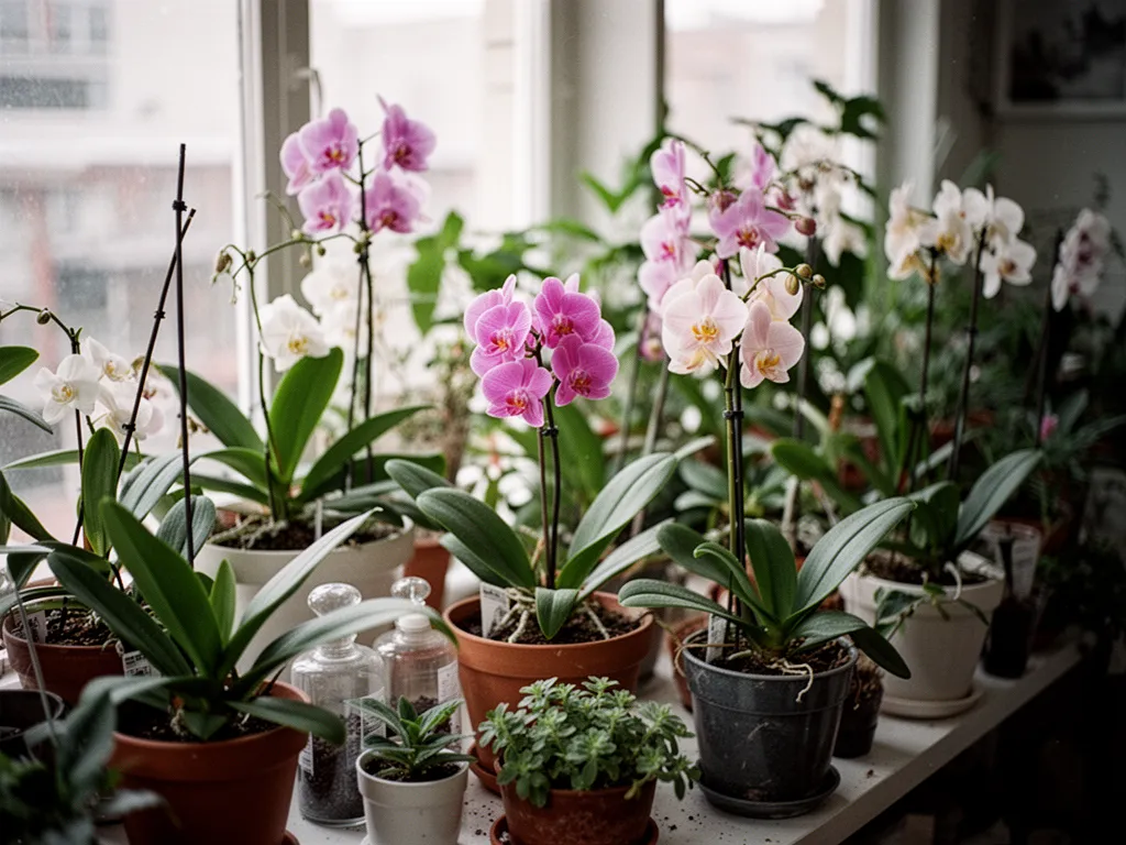 Plusieurs plantes d’intérieur fleuries posées près d’une fenêtre lumineuse dans un salon