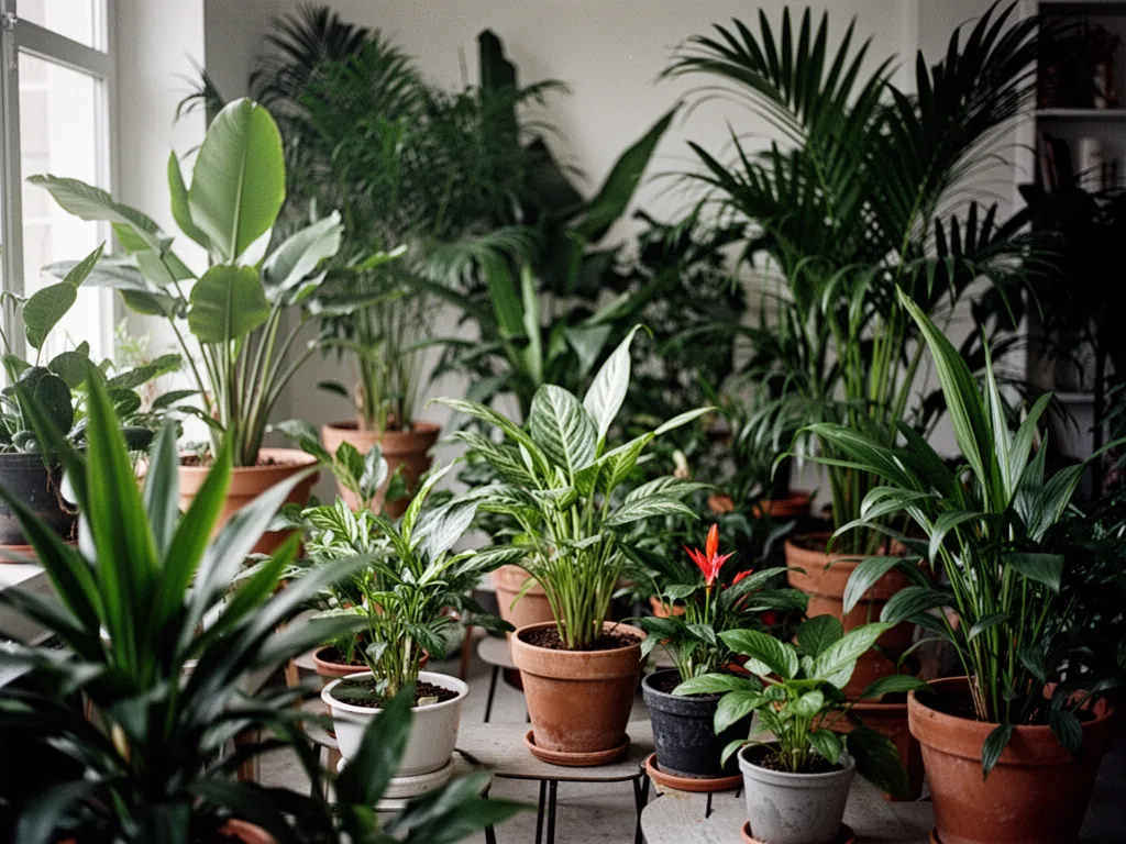 Plusieurs plantes tropicales d'intérieur au feuillage luxuriant disposées devant une fenêtre lumineuse, dont un monstera et un ficus
