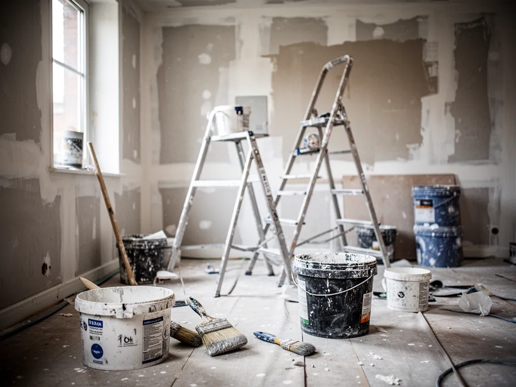 Un rouleau de peinture blanche, un bac et un mur intérieur en cours de rénovation dans une pièce lumineuse