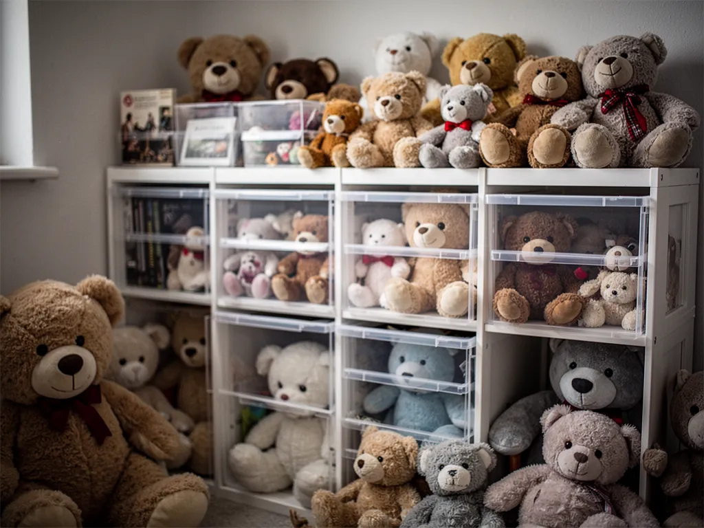 Placard avec étagères et filets, peluches classées par taille et couleur