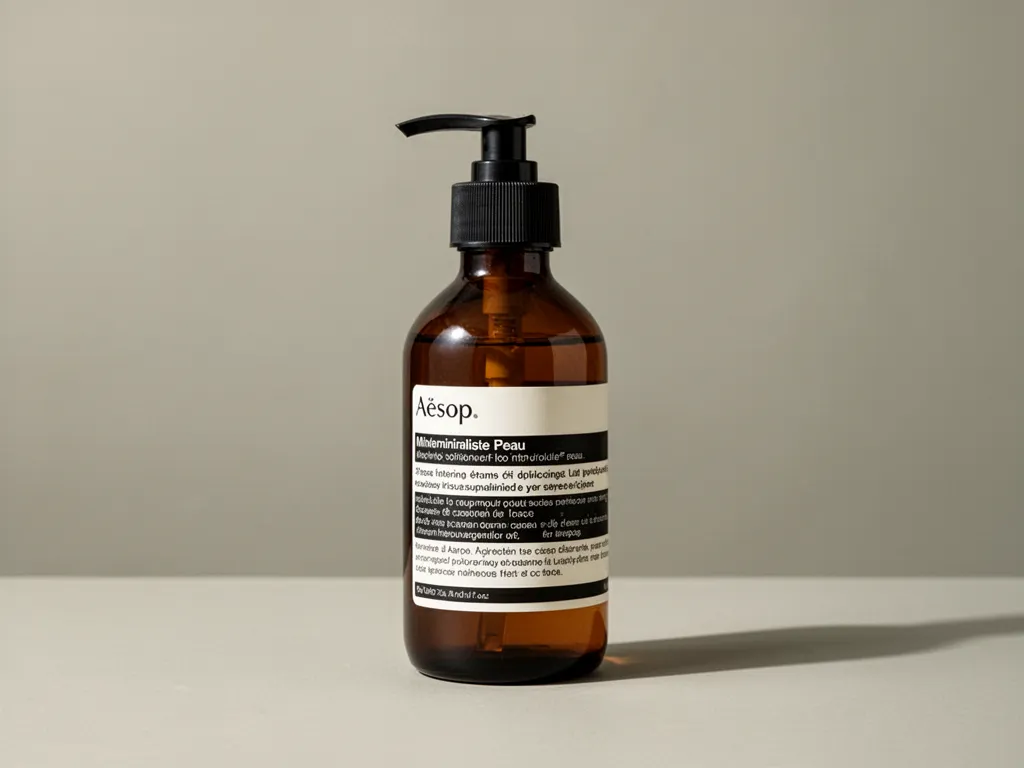 Routine skincare minimaliste avec quelques produits essentiels alignés sur un plan de travail épuré