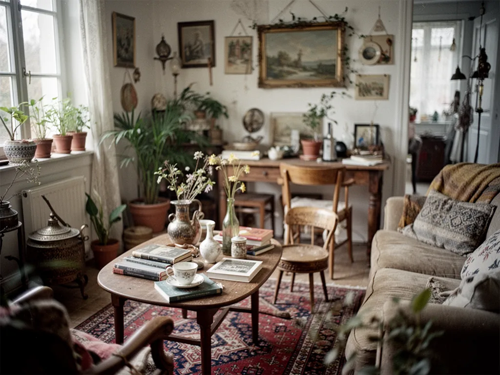 Salon lumineux avec canapé clair, tapis texturé, fauteuil en rotin, coussins imprimés et grandes plantes vertes
