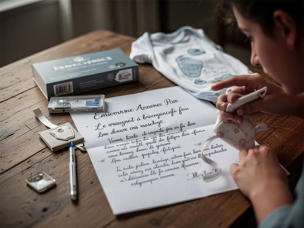 Petit mot manuscrit posé sur une table à côté de chaussons de bébé