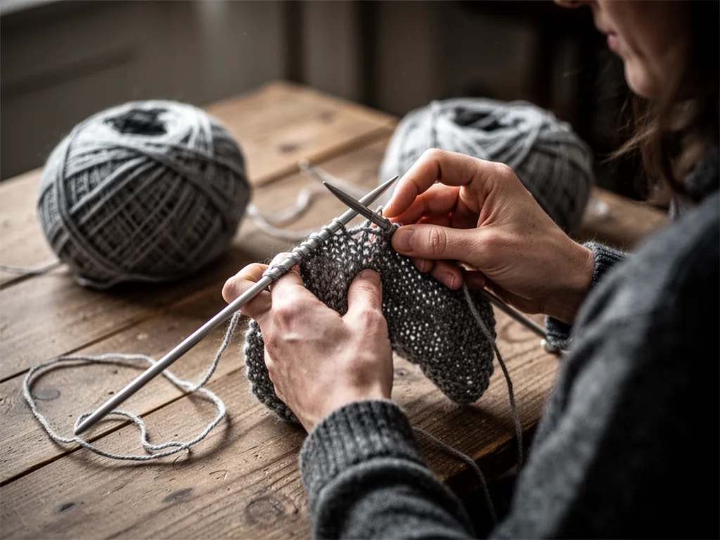 Pelote de laine claire, aiguilles en bois et échantillon de point de sable posé à plat
