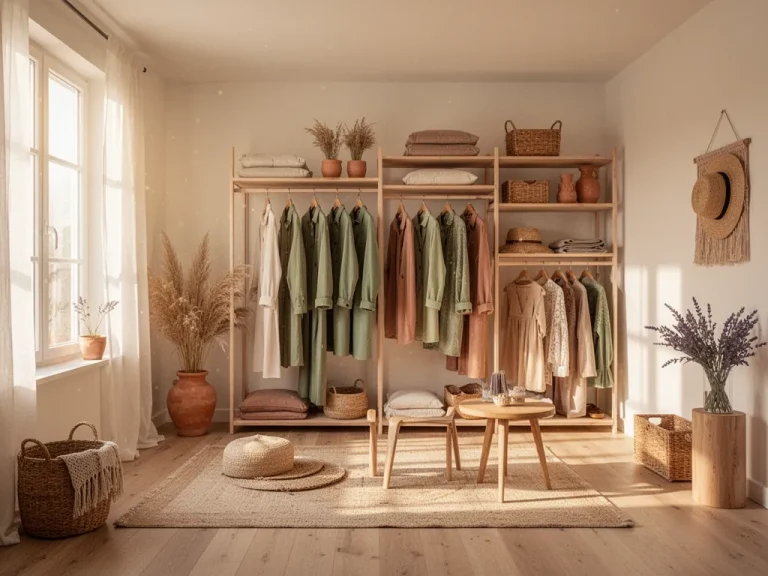 Trois pièces suspendues : un manteau beige, une chemise blanche et un jean brut sur fond neutre, lumière douce