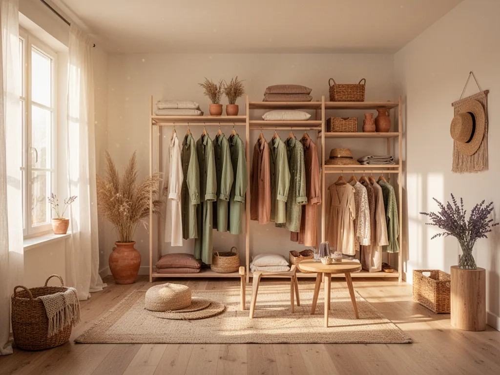 Trois pièces suspendues : un manteau beige, une chemise blanche et un jean brut sur fond neutre, lumière douce