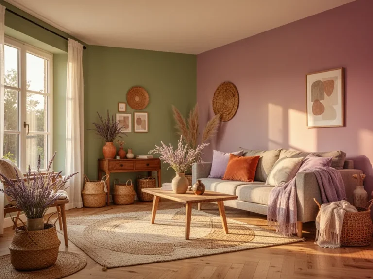 Un salon lumineux aux murs peints en beige chaud, canapé en lin, coussins en terre cuite et plantes d'intérieur