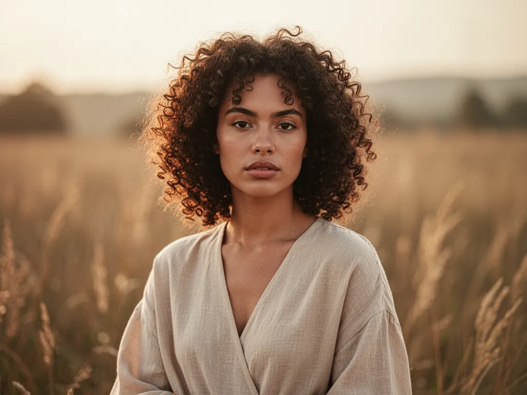Portrait d'une femme aux cheveux bouclés raillés par la lumière du matin, mains dans les cheveux, serviette enroulée autour des épaules