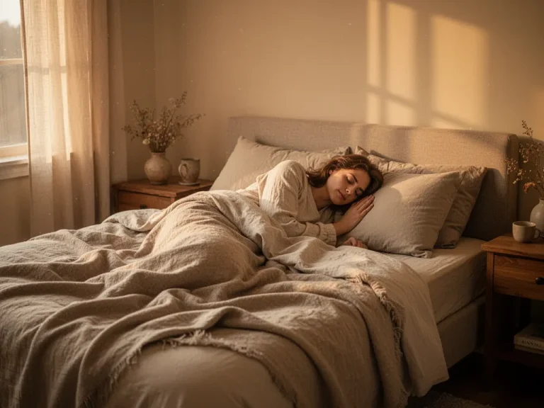 Chambre sobre et cosy avec lumière tamisée, literie claire et plantes sur la table de chevet