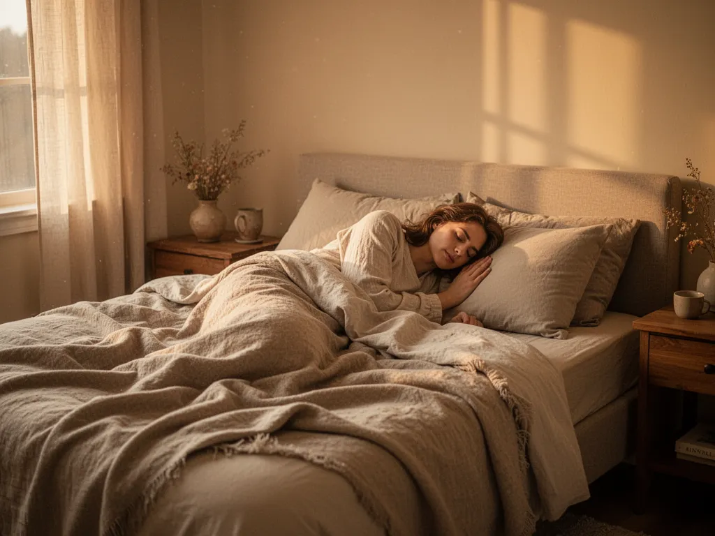 Chambre sobre et cosy avec lumière tamisée, literie claire et plantes sur la table de chevet