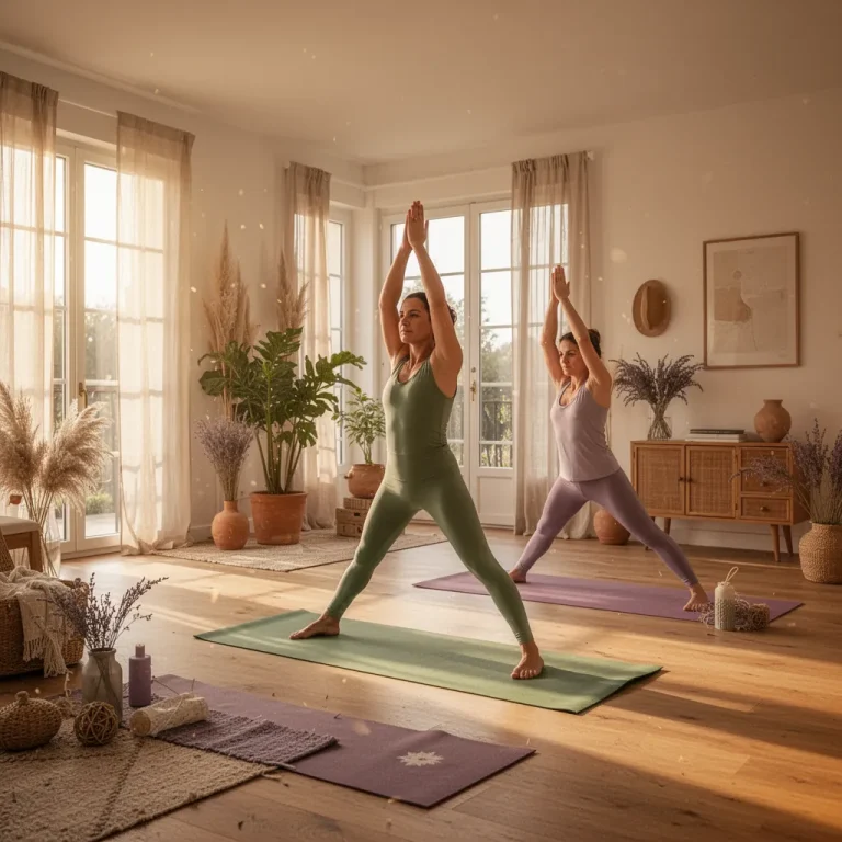 Femme en tenue de yoga effectuant un étirement debout dans une cuisine lumineuse au réveil